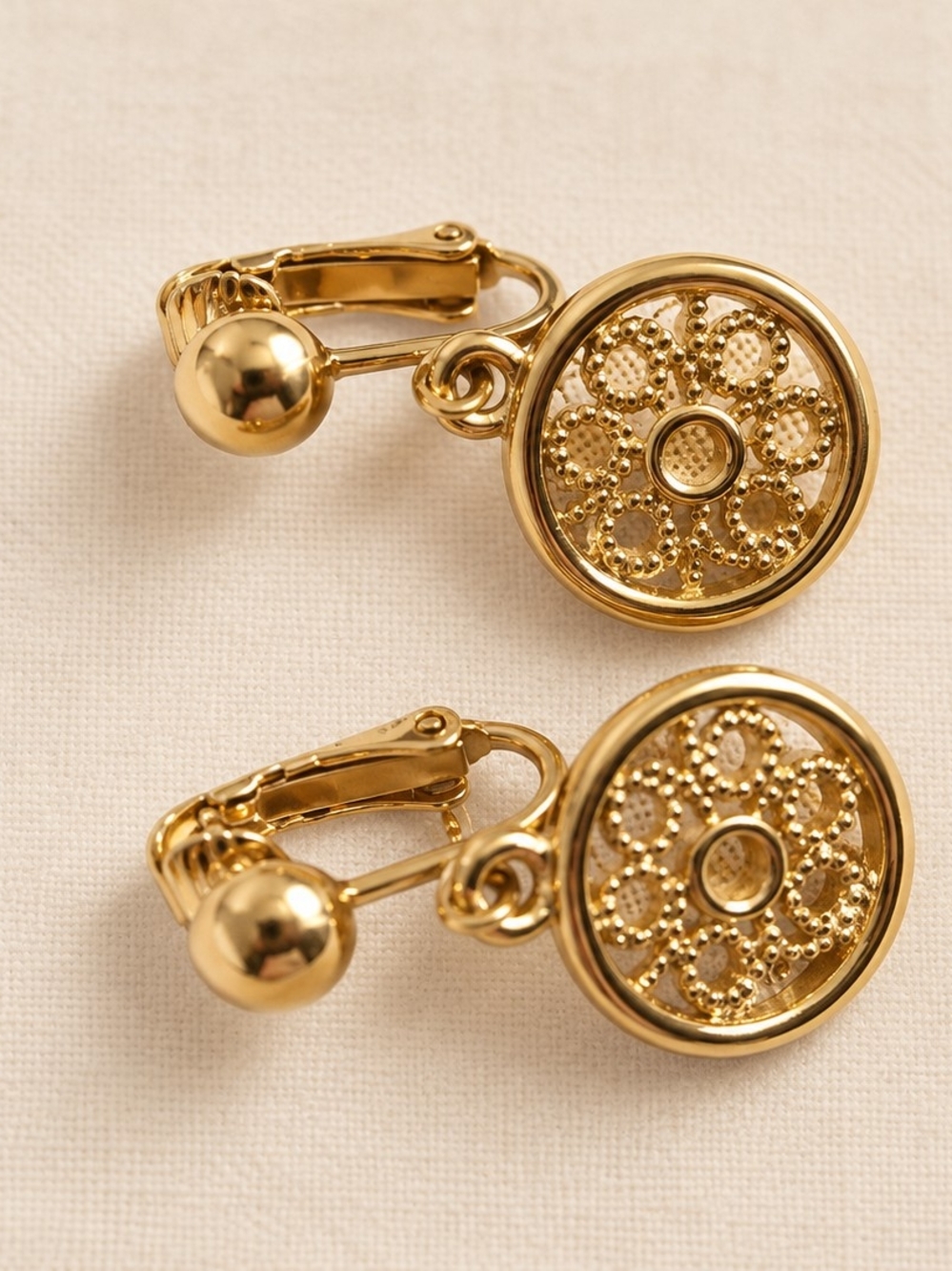 Gold Floral Filigree Clip-On Earrings - Avon Vintage